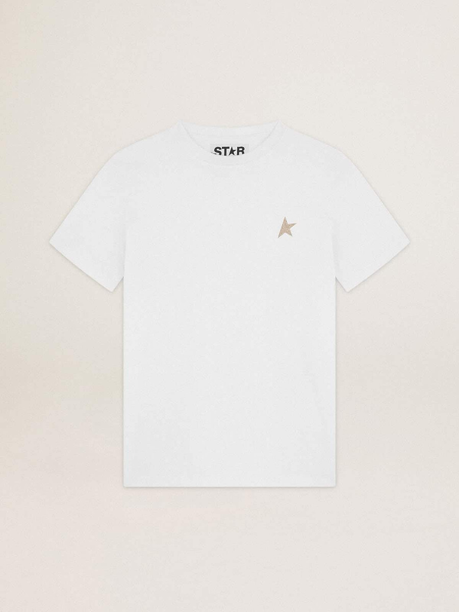 camiseta da coleção white star com estrela em glitter dourado na frente.