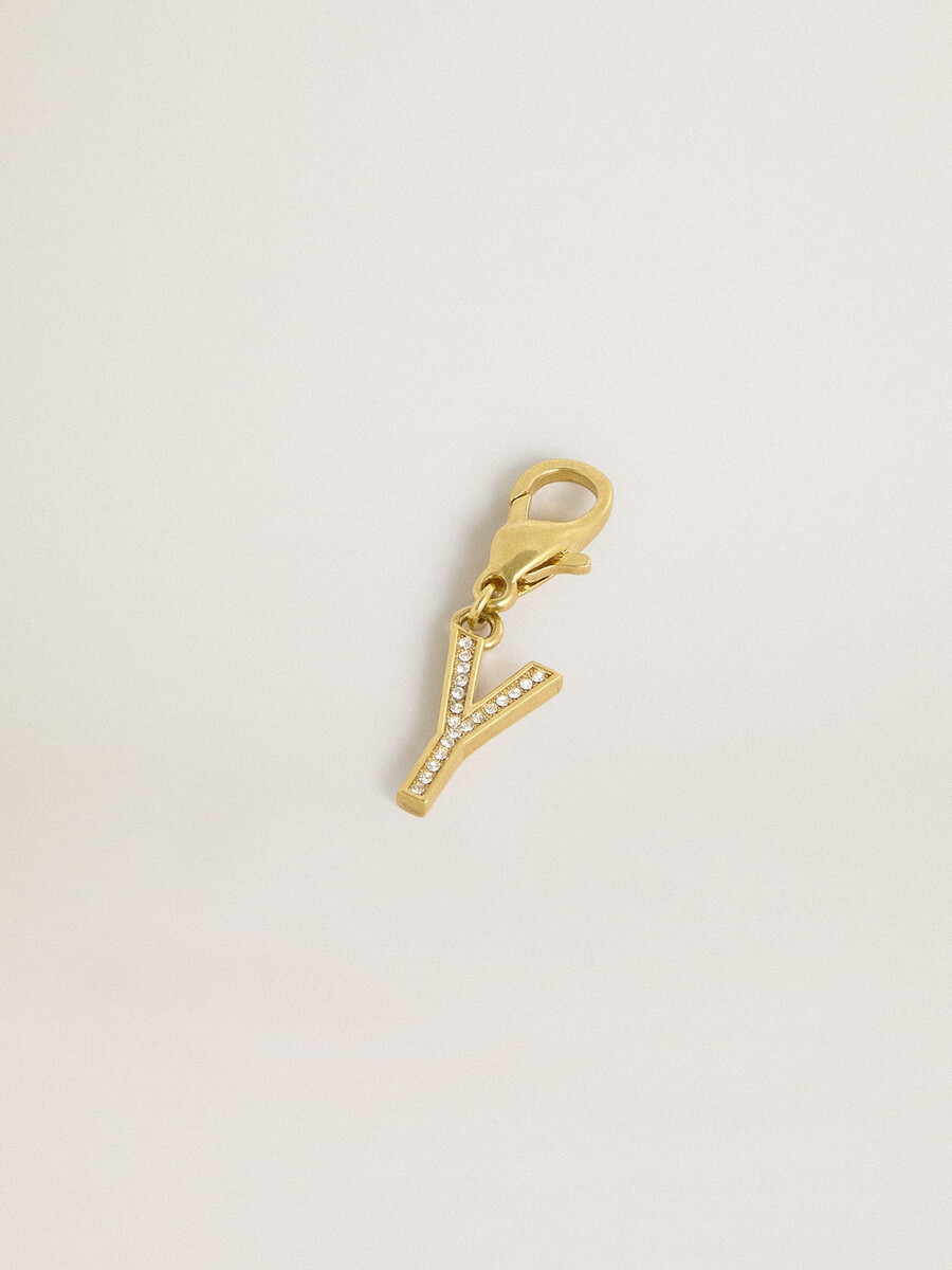 pingente com a letra y em latão dourado com cristais.