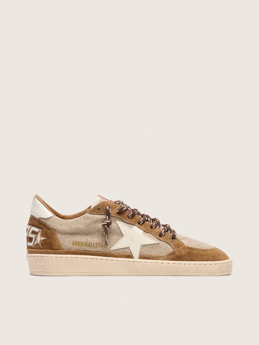 tênis ball star masculino em lã com estrela em couro creme e detalhes em couro encerado marrom.