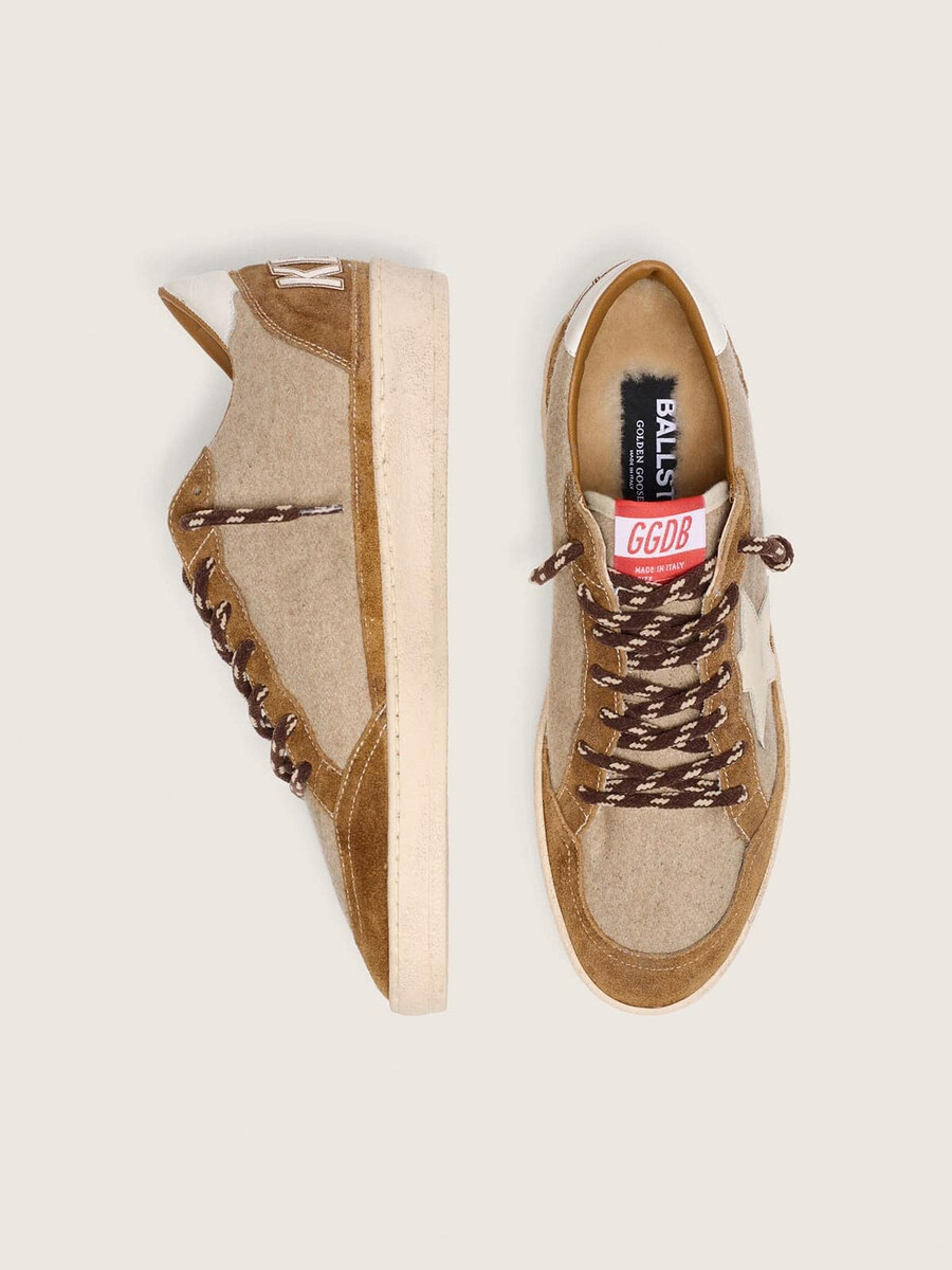 tênis ball star masculino em lã com estrela em couro creme e detalhes em couro encerado marrom.