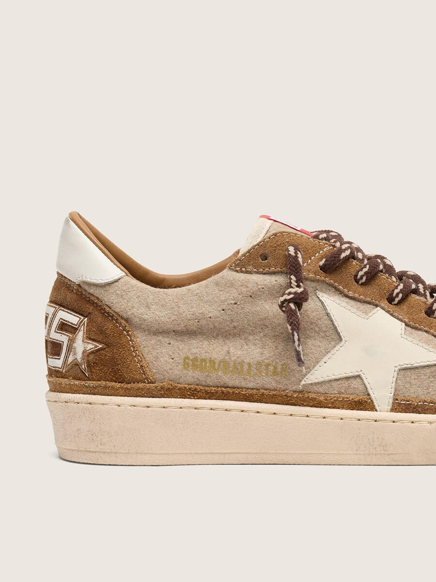 tênis ball star masculino em lã com estrela em couro creme e detalhes em couro encerado marrom.