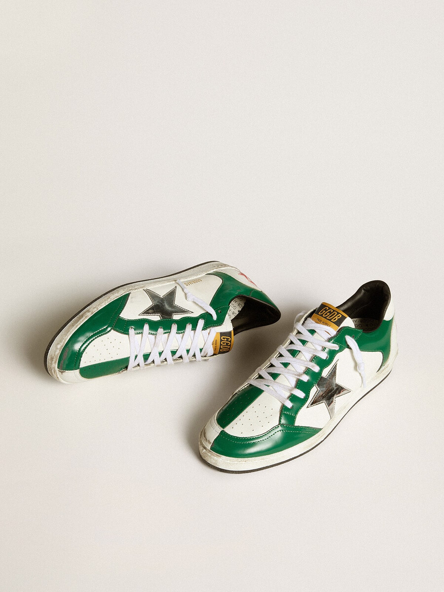 chuteira masculina ball star lab em couro verde e branco com estrela prateada