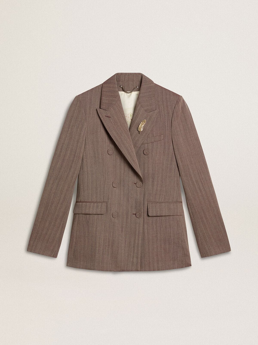 blazer feminino de abotoamento duplo em mistura de lã bege com padrão chevron