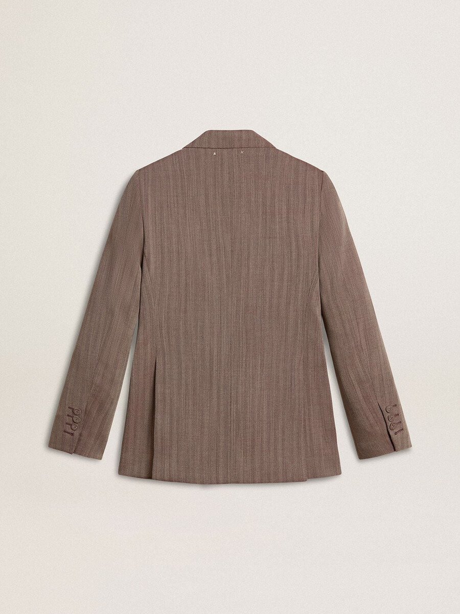 blazer feminino de abotoamento duplo em mistura de lã bege com padrão chevron