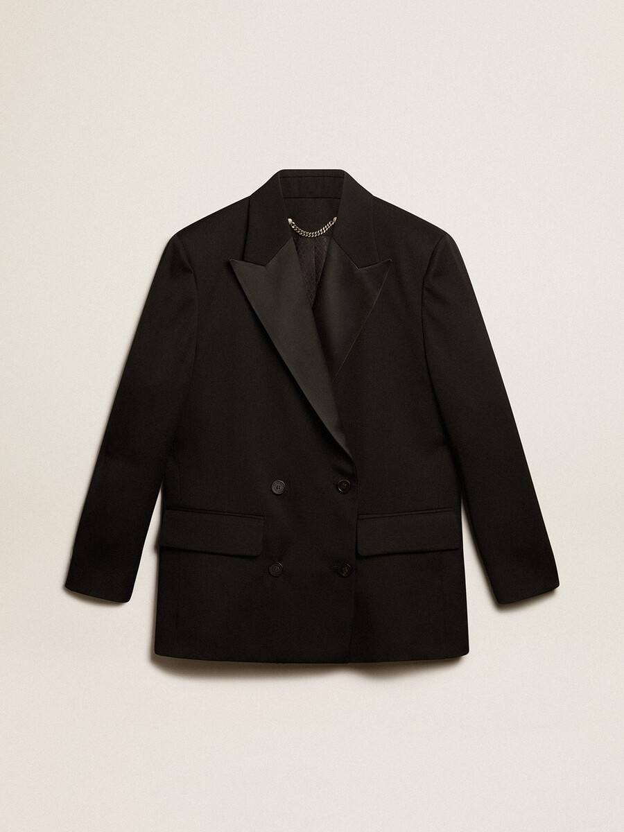 jaqueta de smoking feminina em gabardine de lã preta.