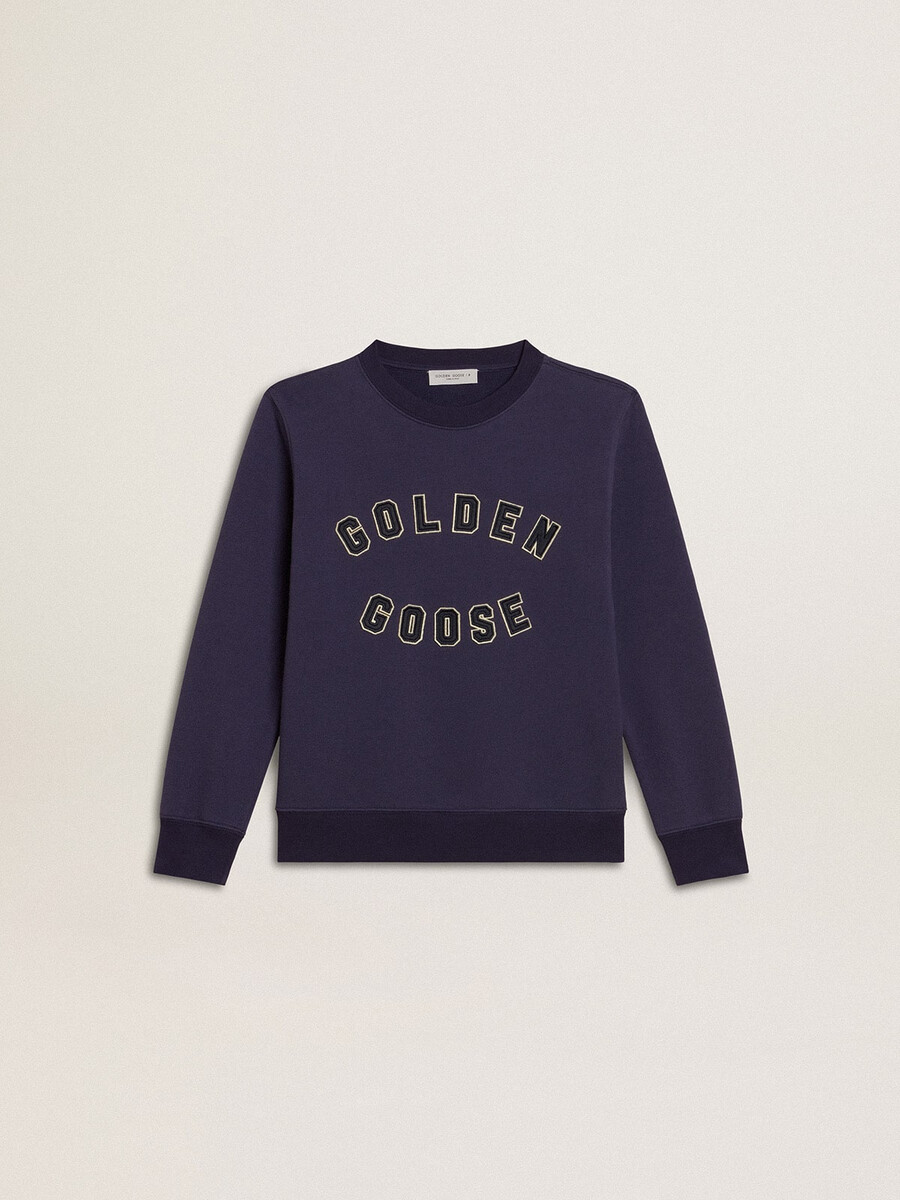 moletom azul-violeta com a inscrição golden goose na frente.