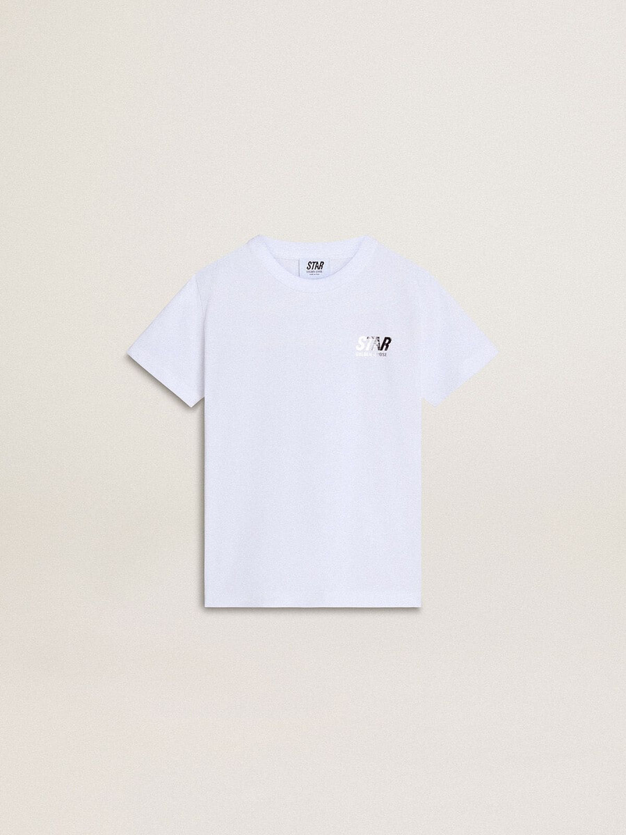 camiseta infantil branca de algodão com estampa prateada