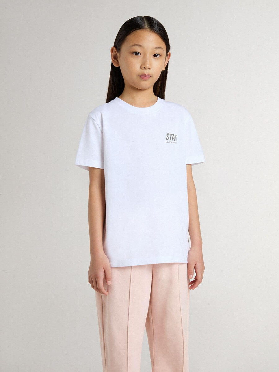 camiseta infantil branca de algodão com estampa prateada