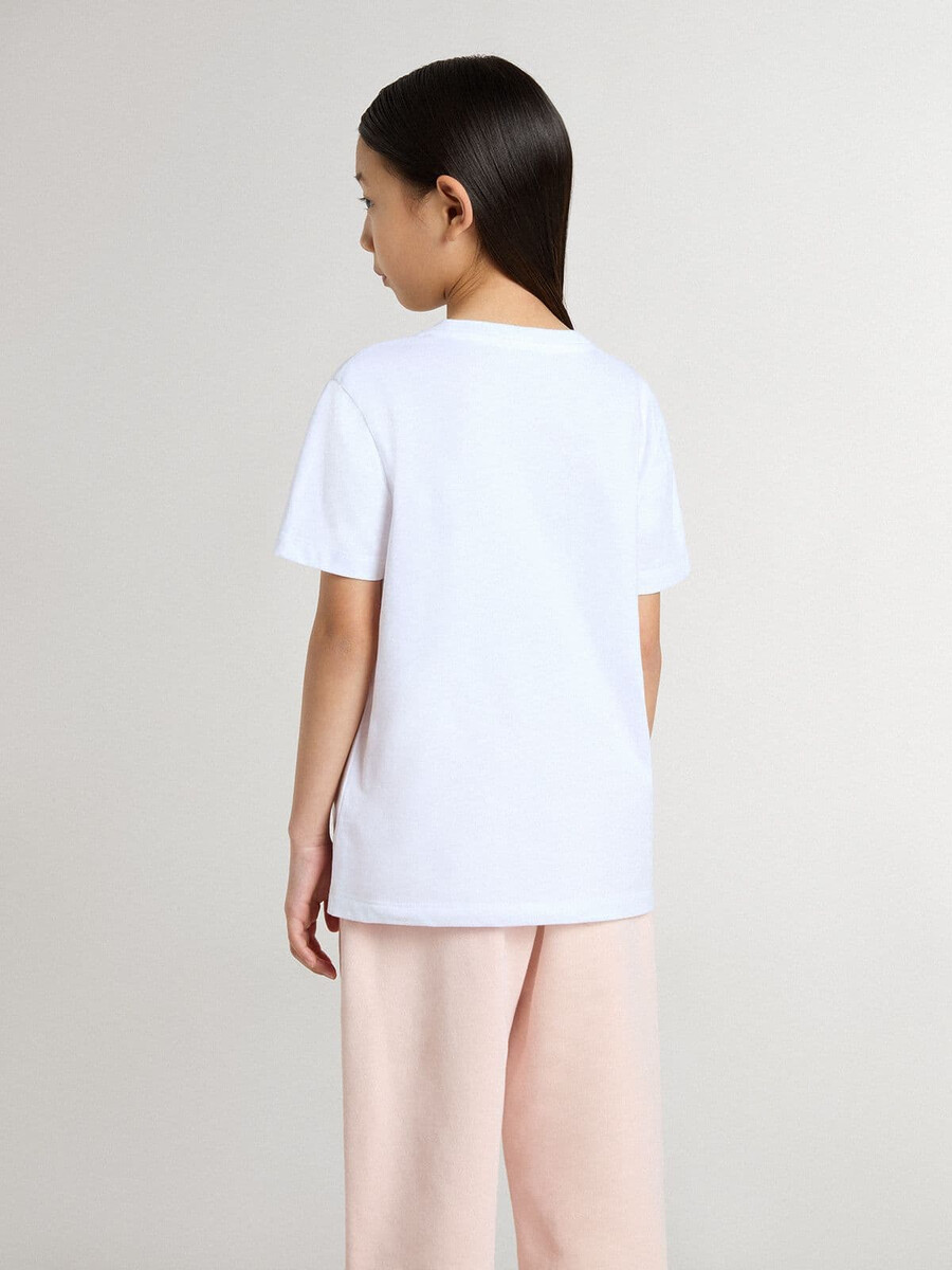 camiseta infantil branca de algodão com estampa prateada