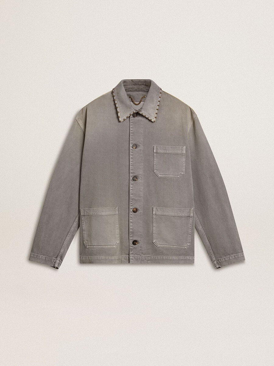 jaqueta jeans cinza masculina com tachas