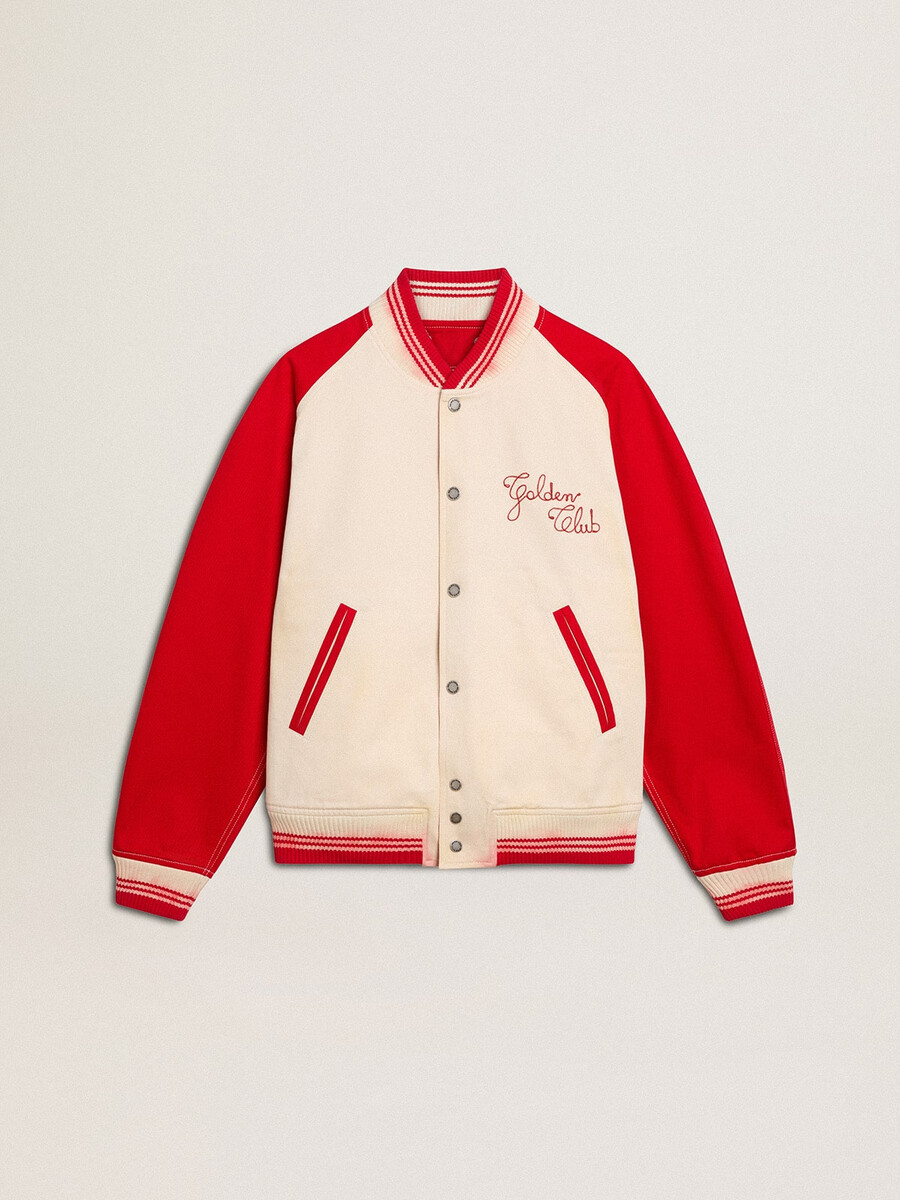 jaqueta bomber em branco e vermelho desgastado com bordado.
