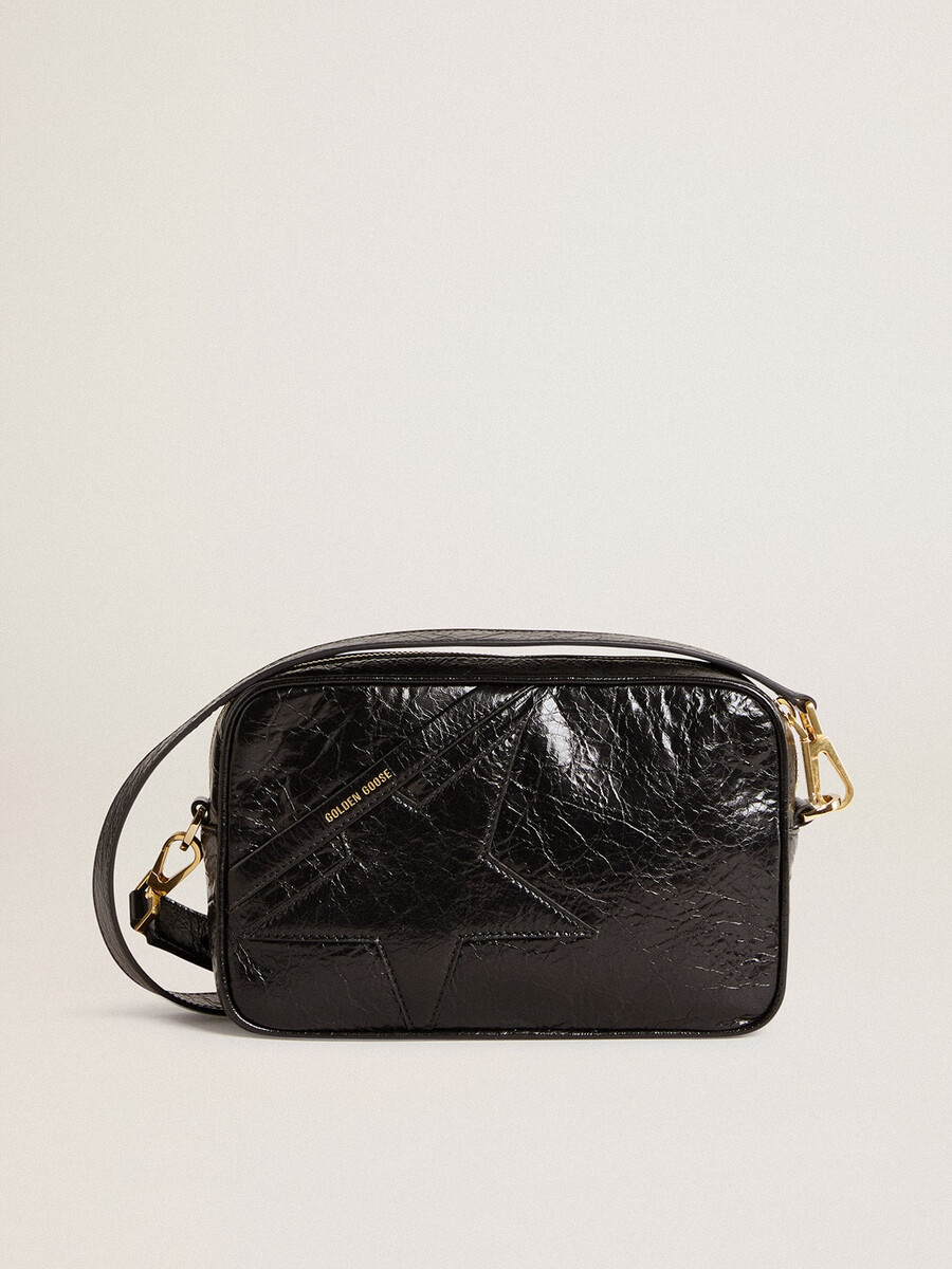 bolsa star em couro preto brilhante com estrela tom sobre tom