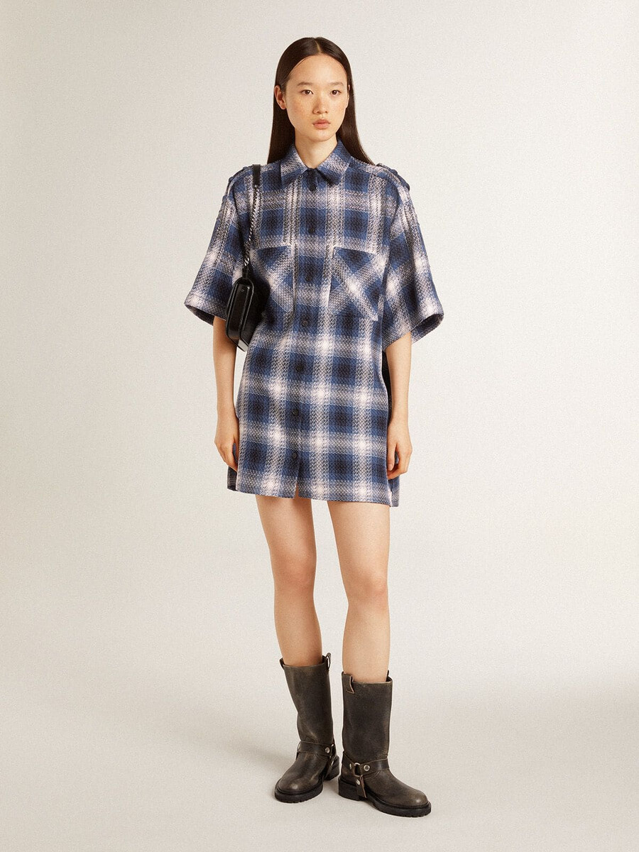 vestido curto feminino estilo camisa com estampa xadrez 3d e bordado.