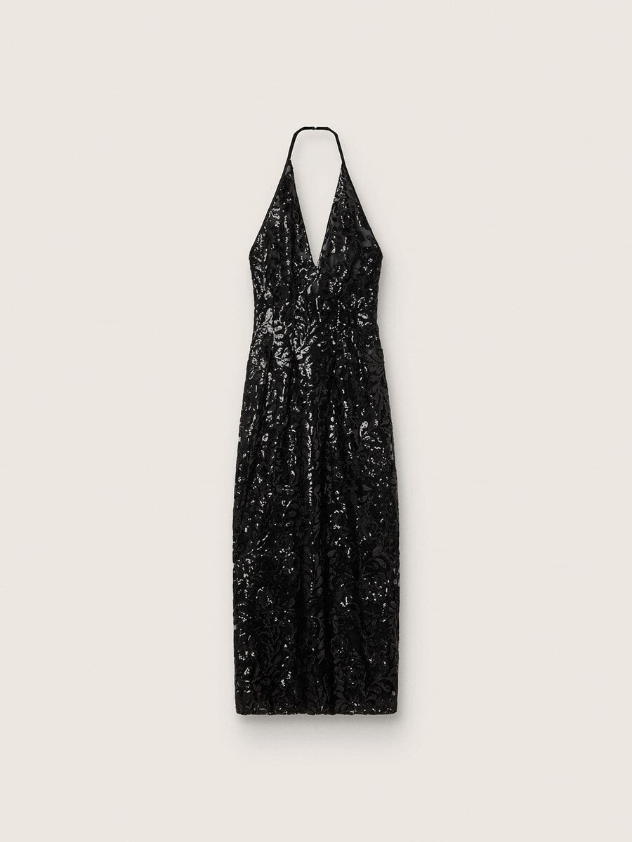vestido longo feminino em tule com bordado floral em lantejoulas pretas.