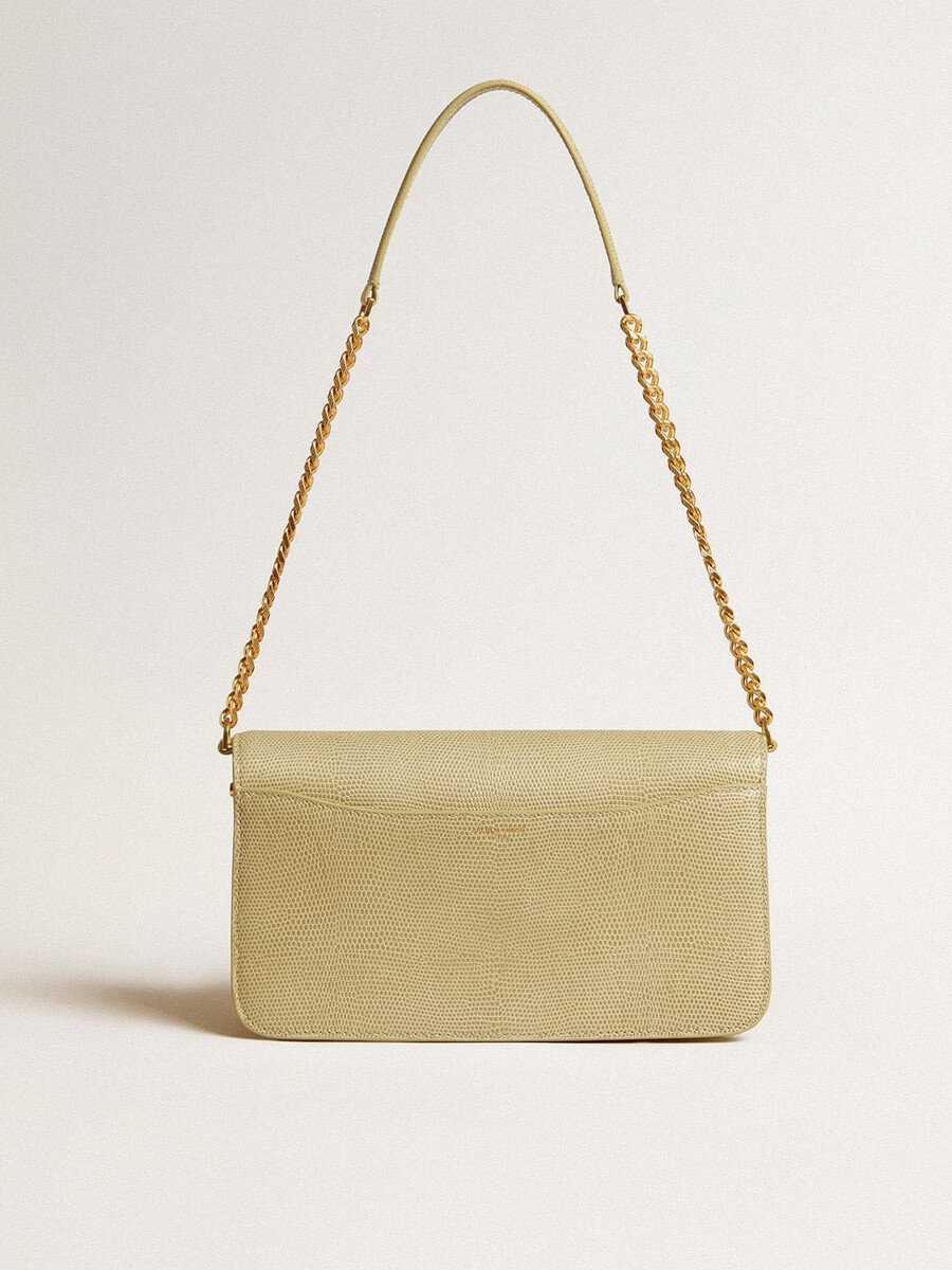 bolsa gioia em pele de carneiro cinza-mineral com detalhes dourados.