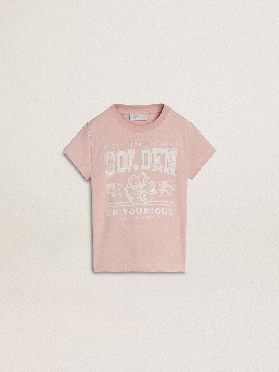 camiseta rosa infantil com estampa branca