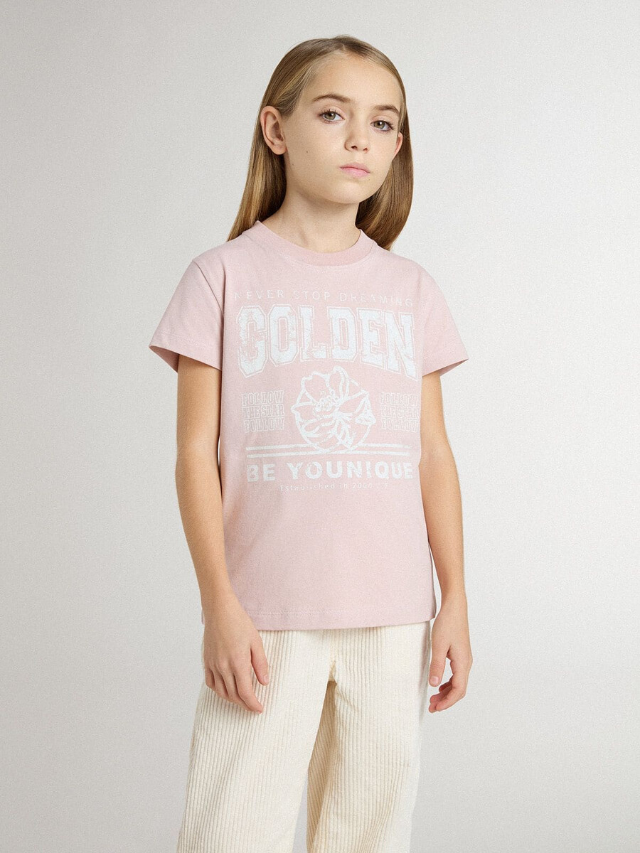 camiseta rosa infantil com estampa branca