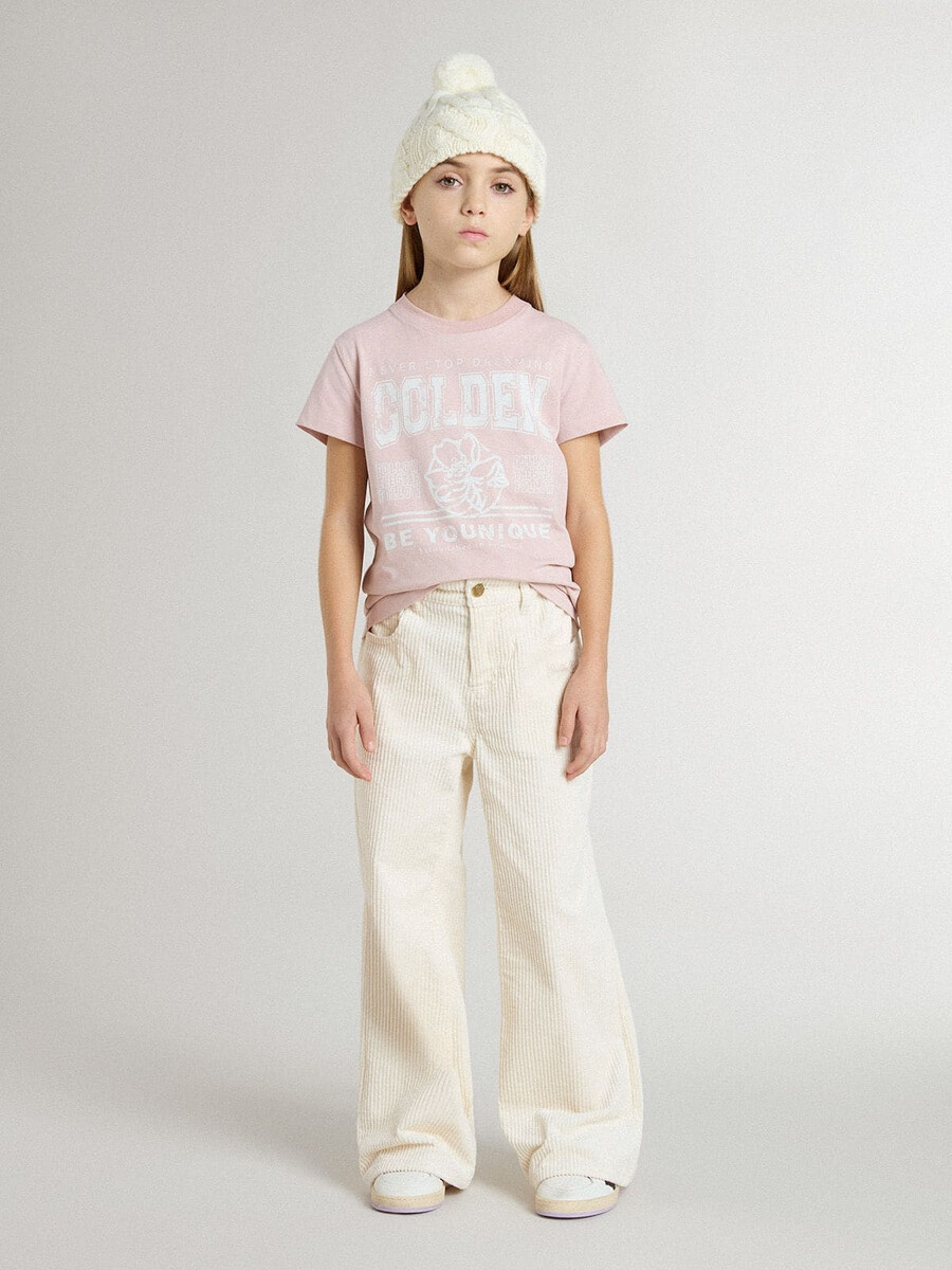 camiseta rosa infantil com estampa branca