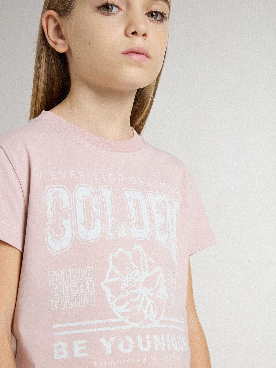 camiseta rosa infantil com estampa branca