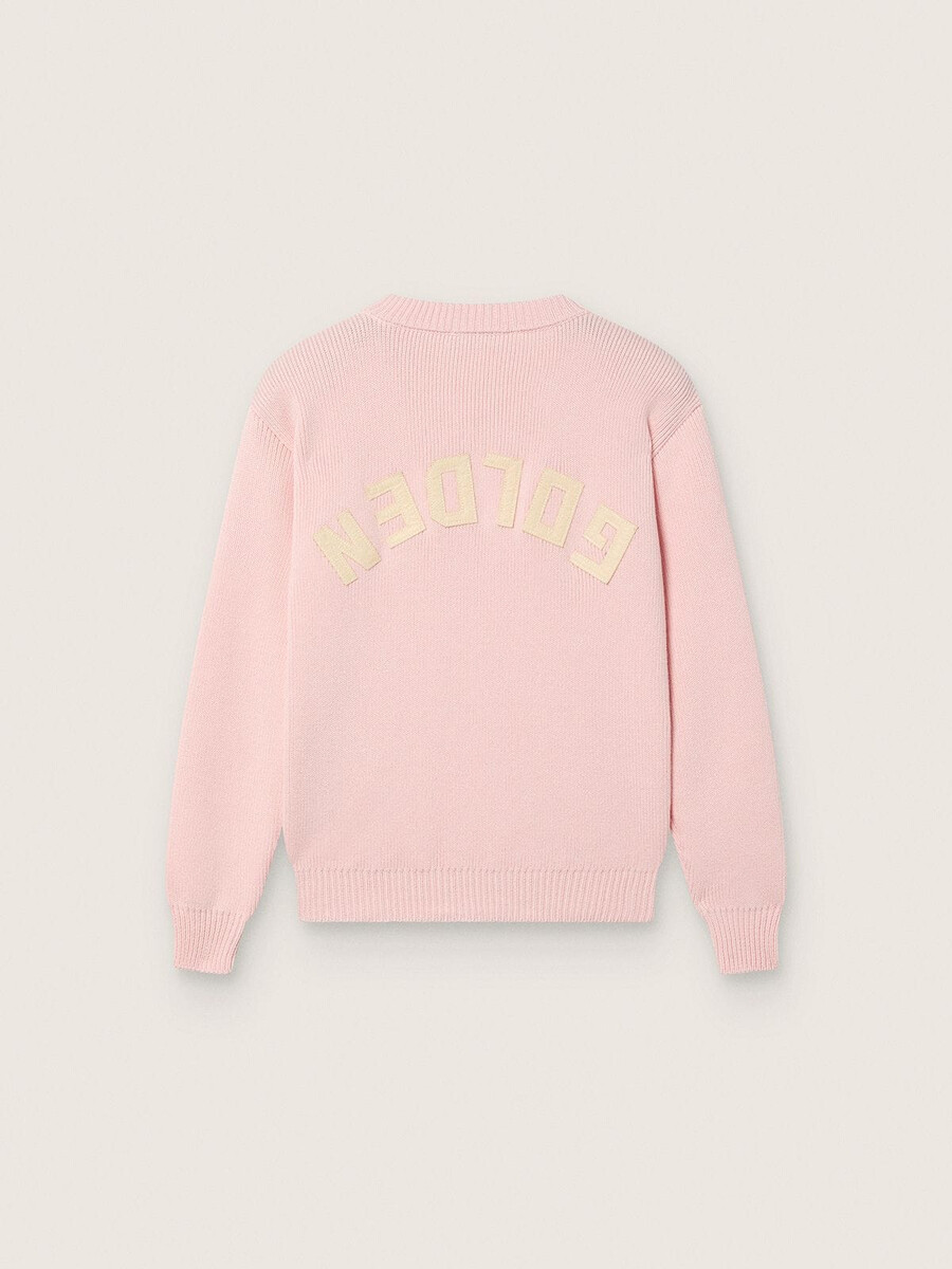 suéter infantil unissex rosa canelado da golden com o logotipo da golden nas costas.