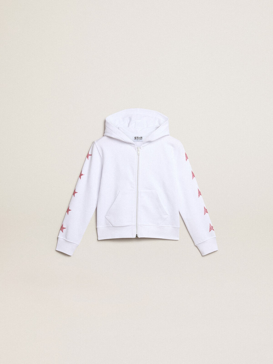 blusa de moletom feminina branca com zíper e estrelas brilhantes nas mangas.