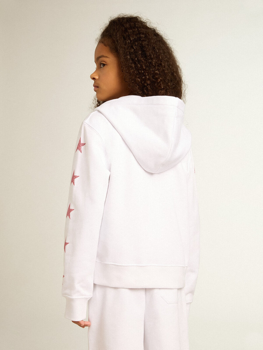 blusa de moletom feminina branca com zíper e estrelas brilhantes nas mangas.