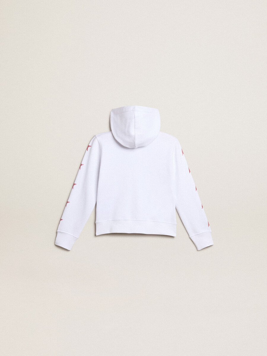 blusa de moletom feminina branca com zíper e estrelas brilhantes nas mangas.