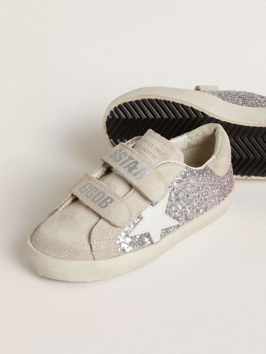 junior old school em glitter prateado e rosa com estrela de couro branca
