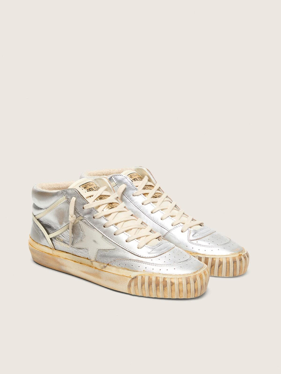 tênis masculino mid star ltd em couro metálico prateado com estrela marfim