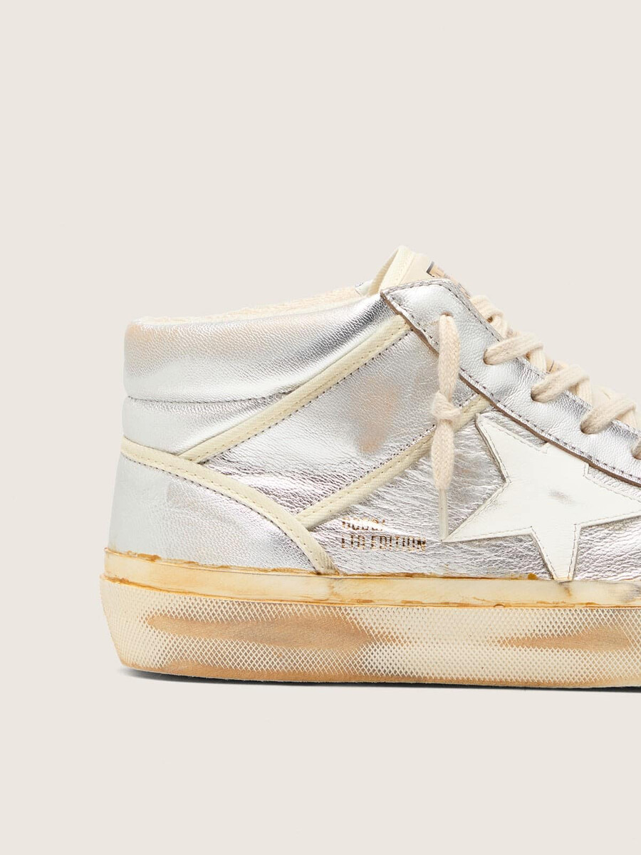 tênis masculino mid star ltd em couro metálico prateado com estrela marfim
