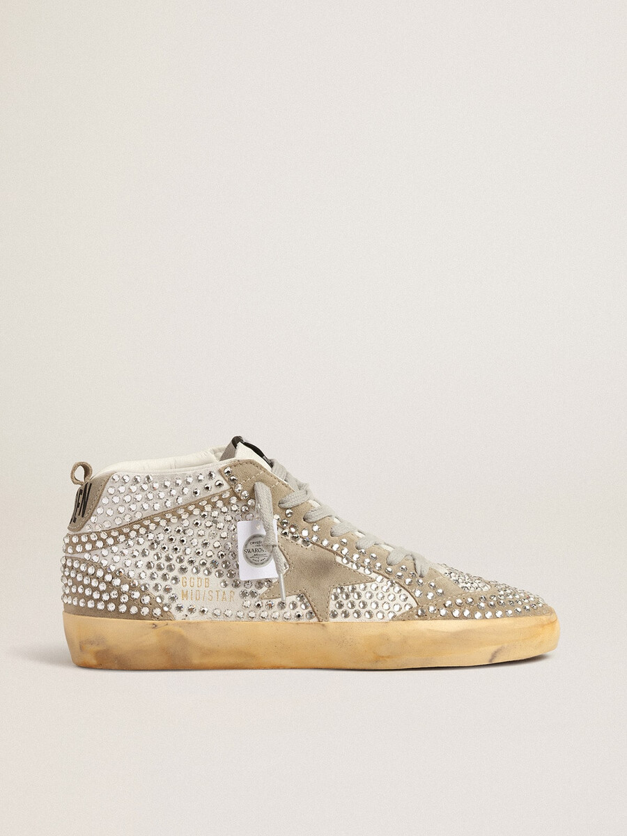 tênis mid star feminino em camurça branca e cinza-pombo com cristais swarovski.