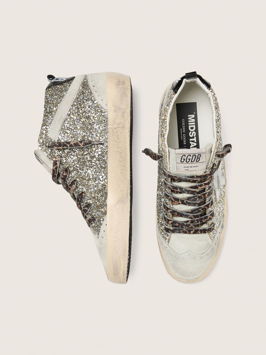 estrela mid star em glitter prateado com estrela de couro metálico prateado