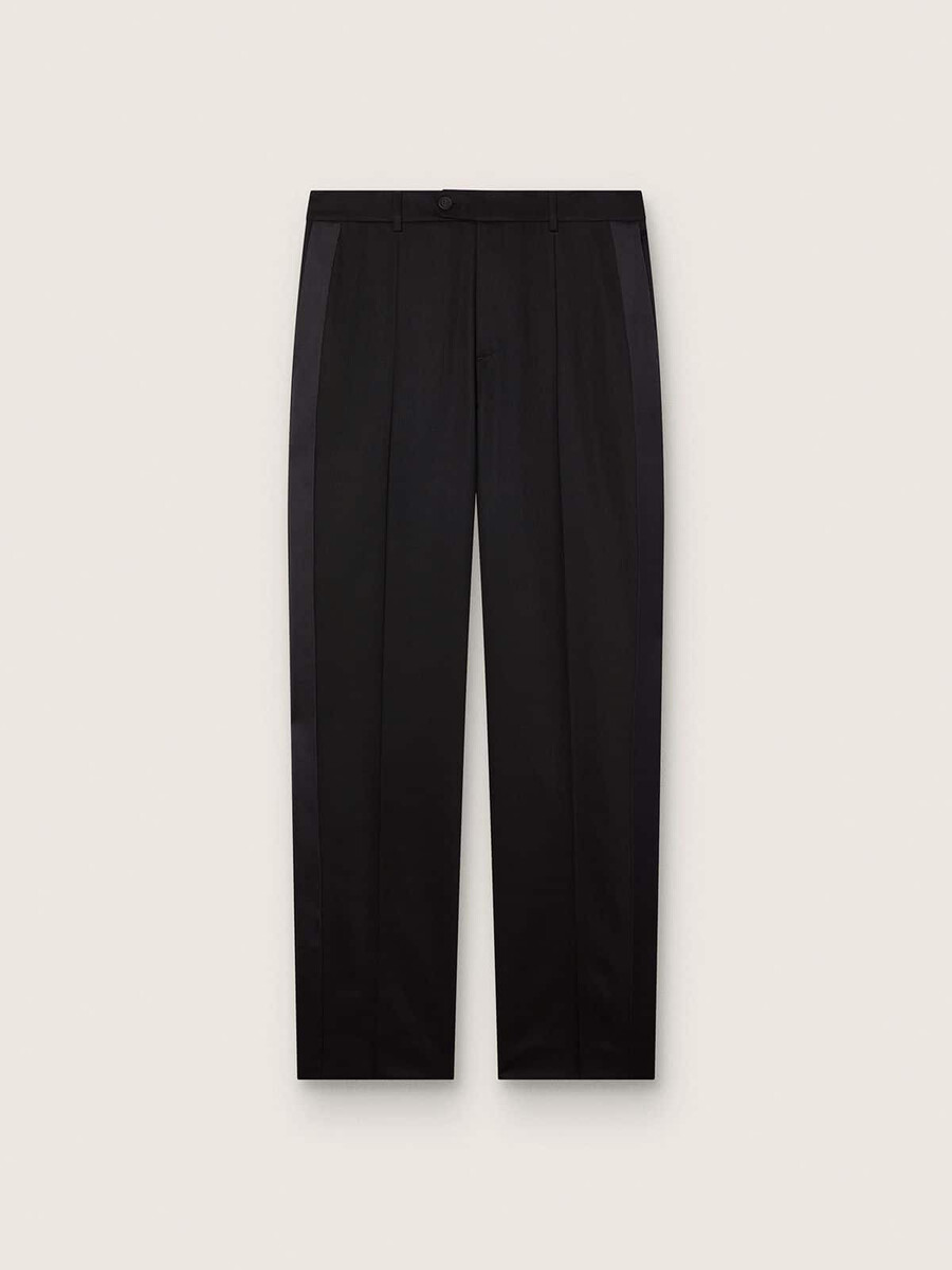 calças masculinas em lã fria preta com listra lateral em cetim.