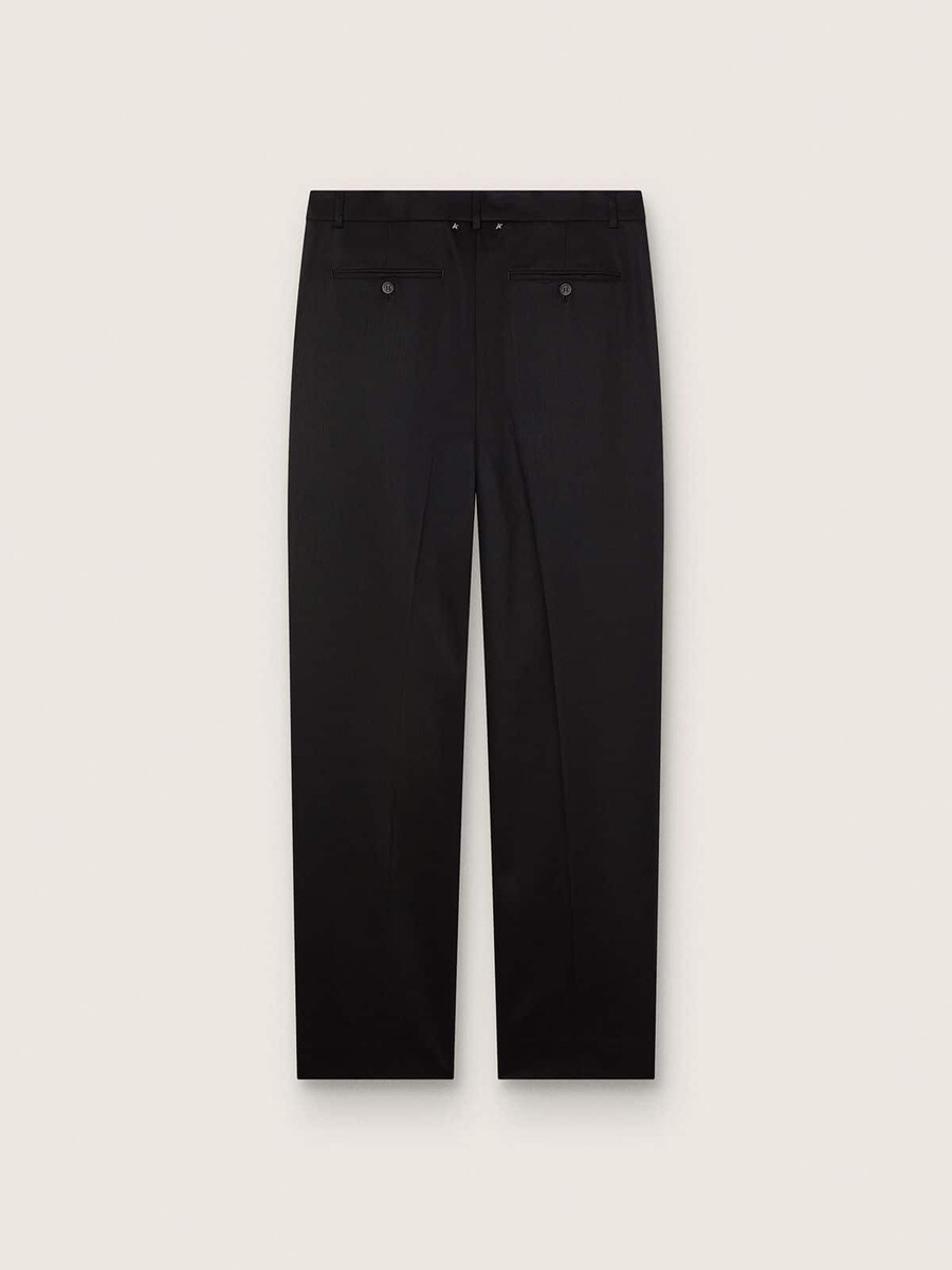 calças masculinas em lã fria preta com listra lateral em cetim.