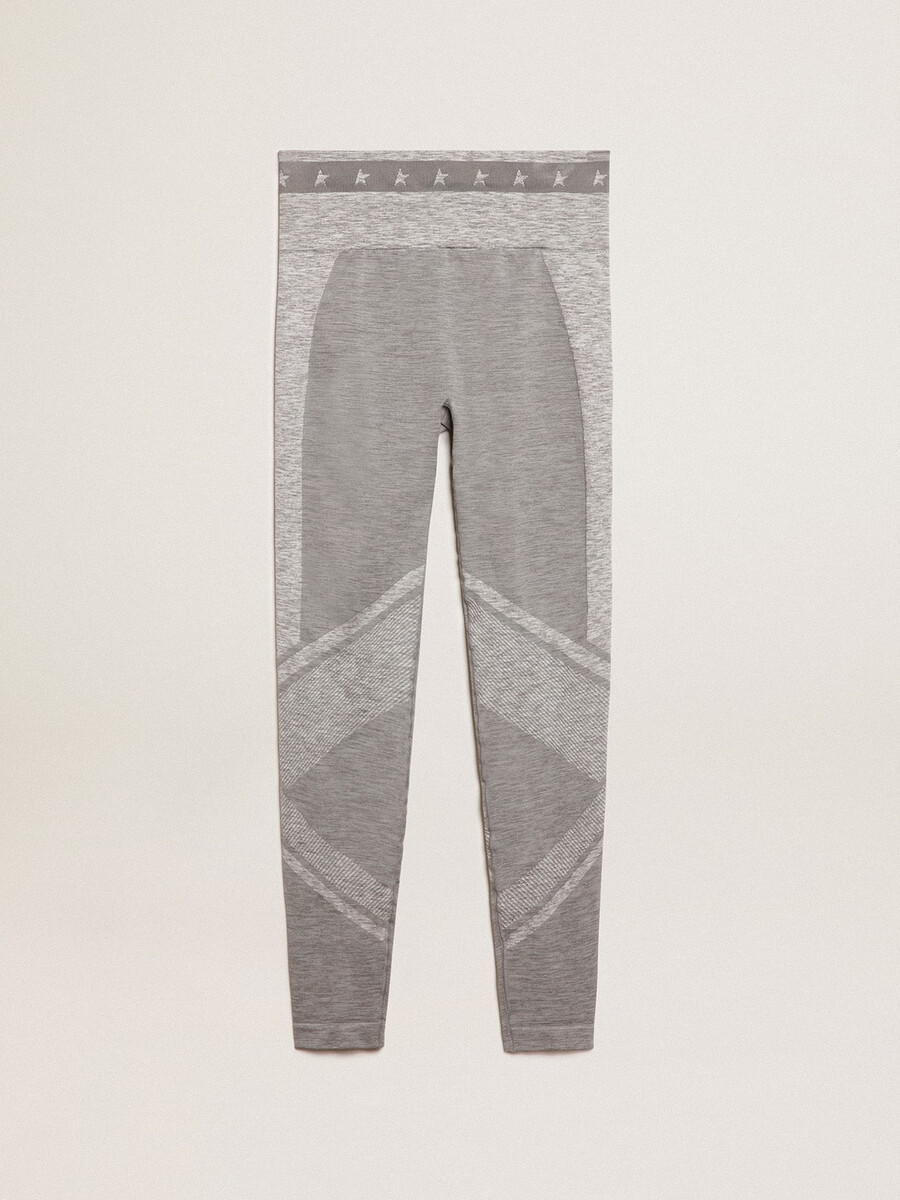 leggings femininas cinza mesclado com costuras variadas.