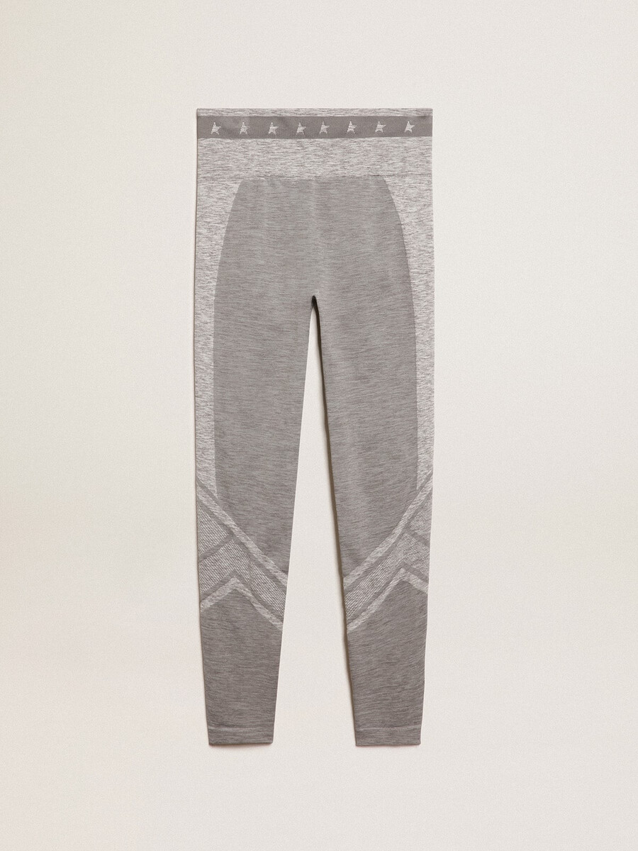 leggings femininas cinza mesclado com costuras variadas.