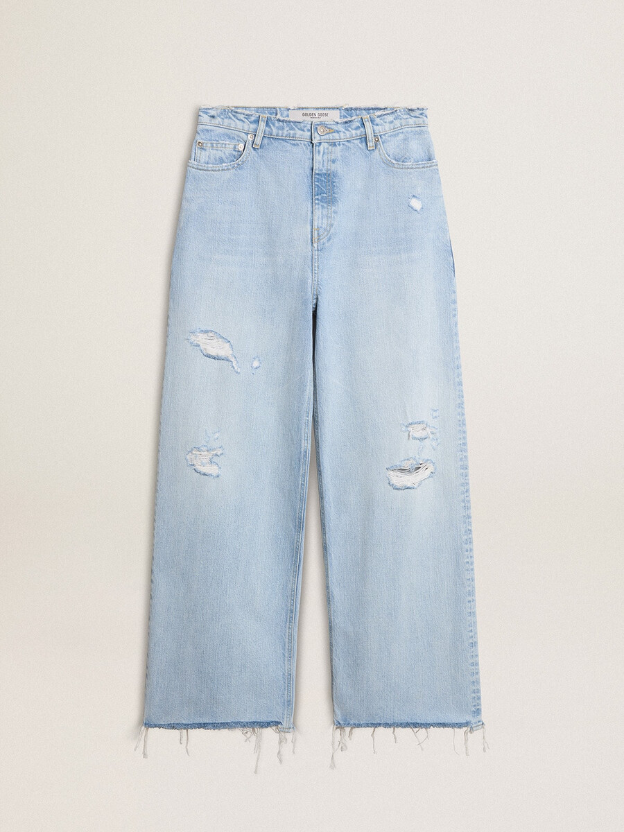 calças femininas em denim com efeito desgastado