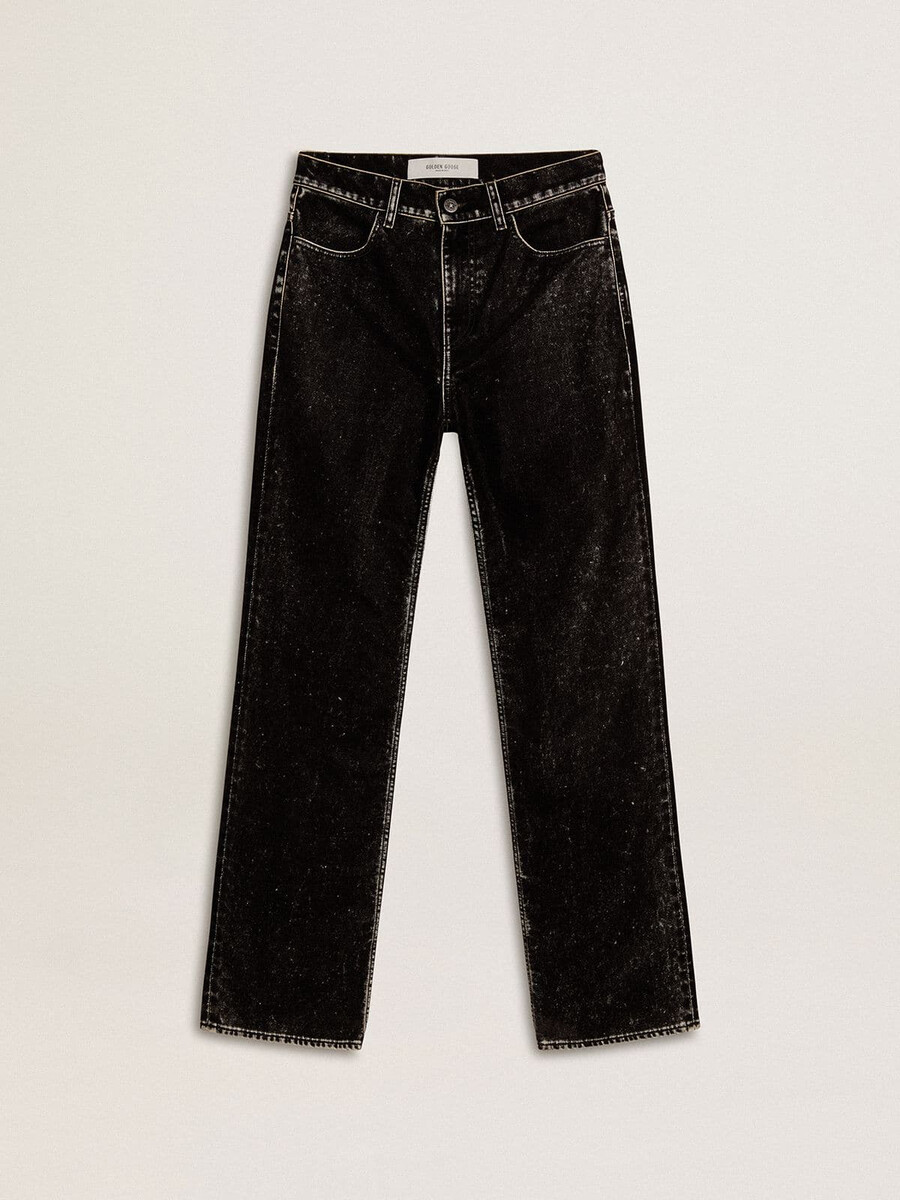 calça jeans preta feminina com efeito aveludado.