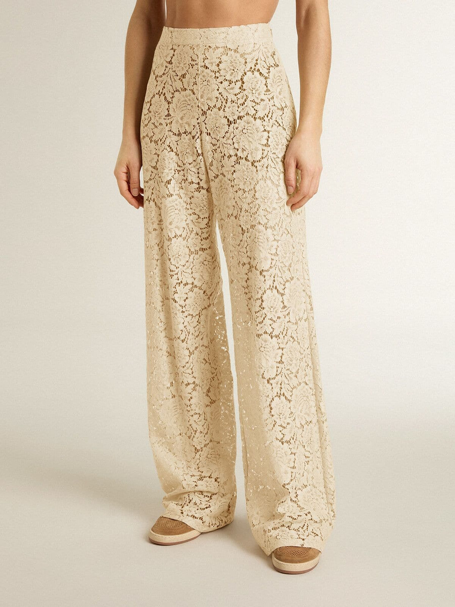 calça feminina de renda transparente cor creme