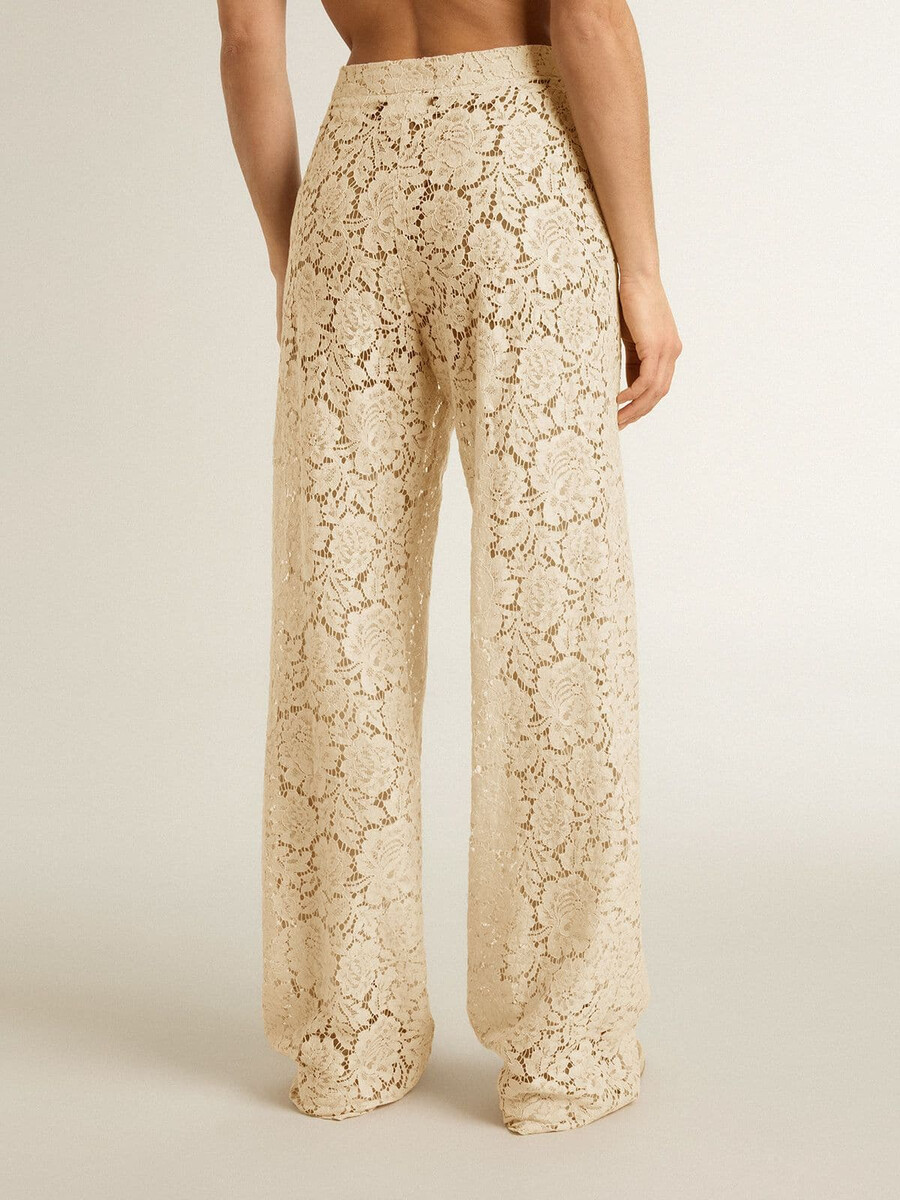 calça feminina de renda transparente cor creme