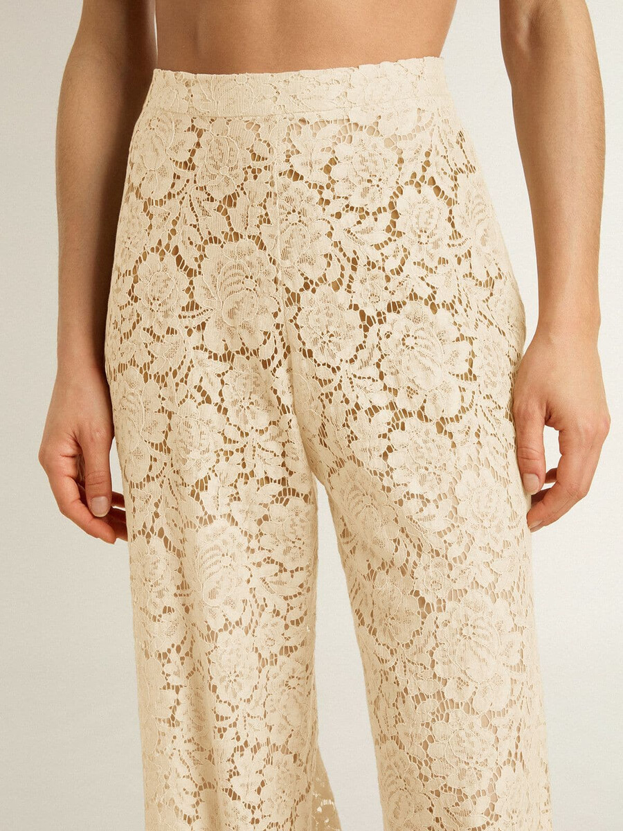 calça feminina de renda transparente cor creme
