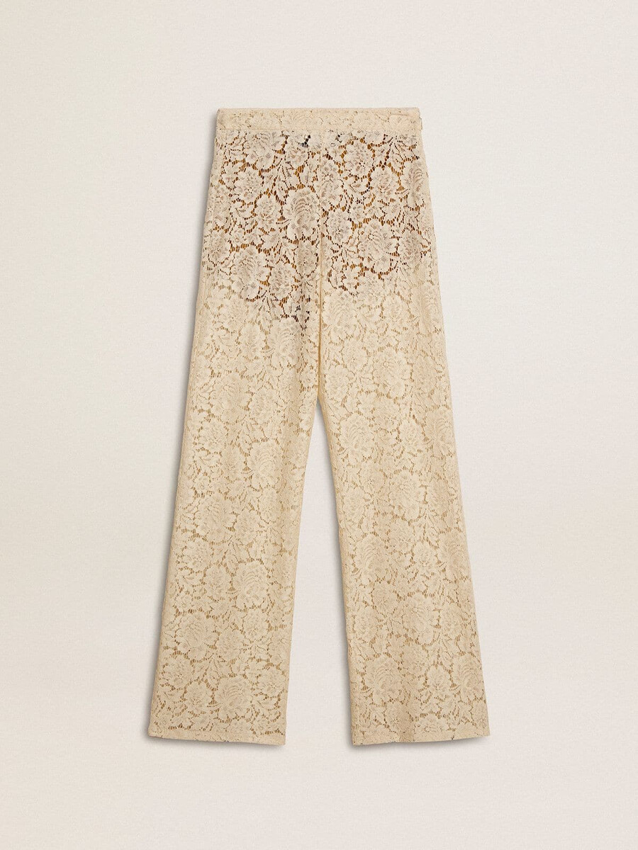 calça feminina de renda transparente cor creme