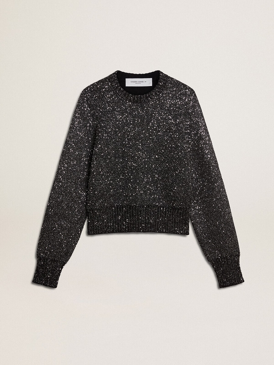 suéter cropped feminino preto em mistura de lã com lantejoulas por toda a peça.