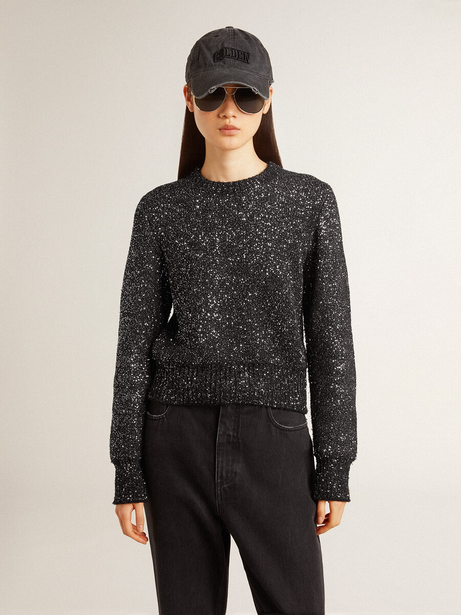 suéter cropped feminino preto em mistura de lã com lantejoulas por toda a peça.