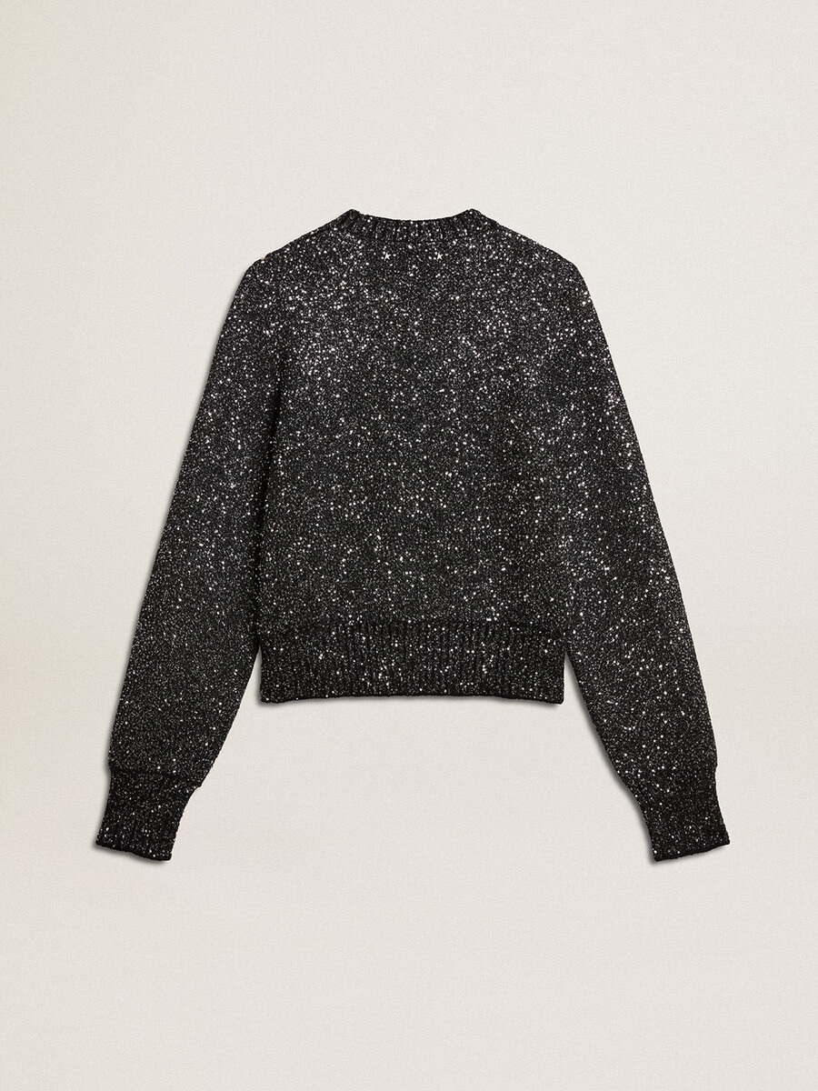 suéter cropped feminino preto em mistura de lã com lantejoulas por toda a peça.