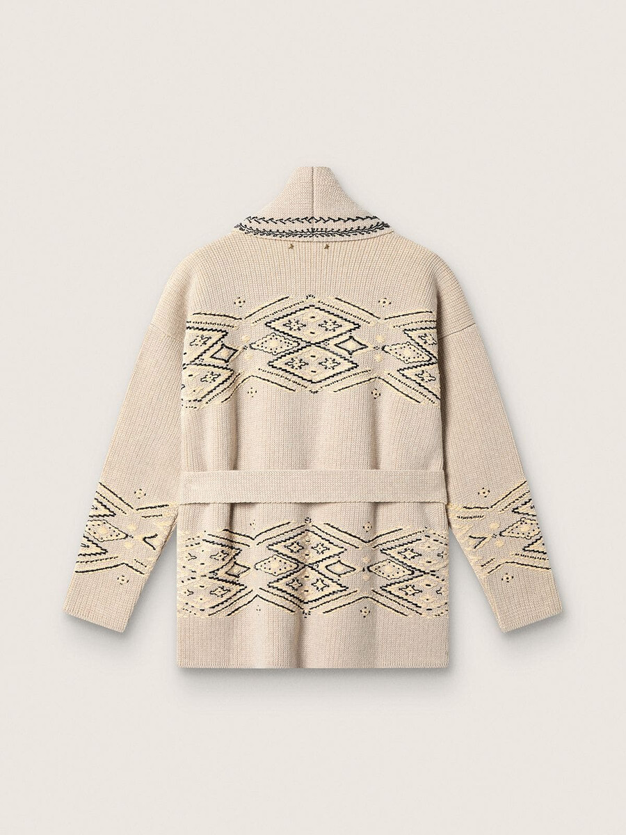 cardigã feminino com cinto em mistura de lã bege com bordado contrastante.