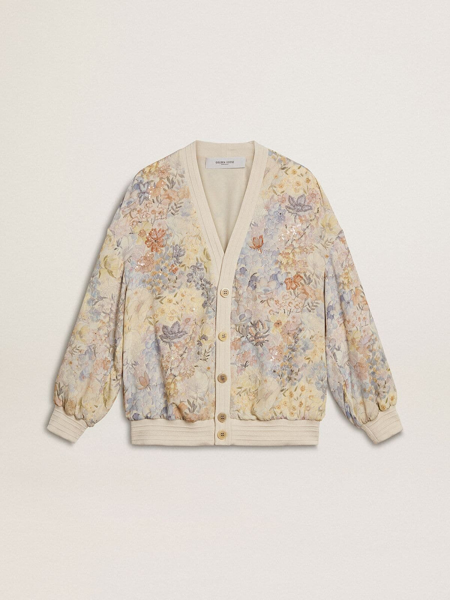 cardigã feminino com estampa floral e bordado.