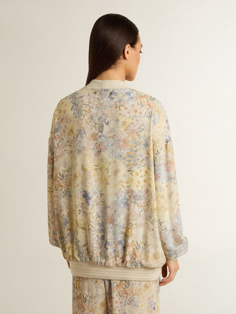cardigã feminino com estampa floral e bordado.