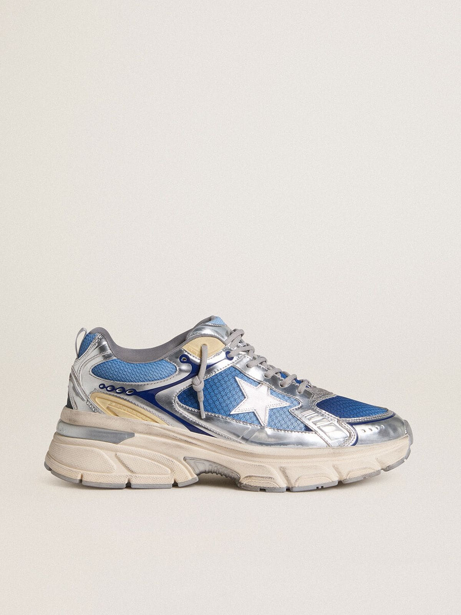 tênis lightstar feminino em malha azul clara com estrela de tpu branca e detalhes prateados de base biológica.
