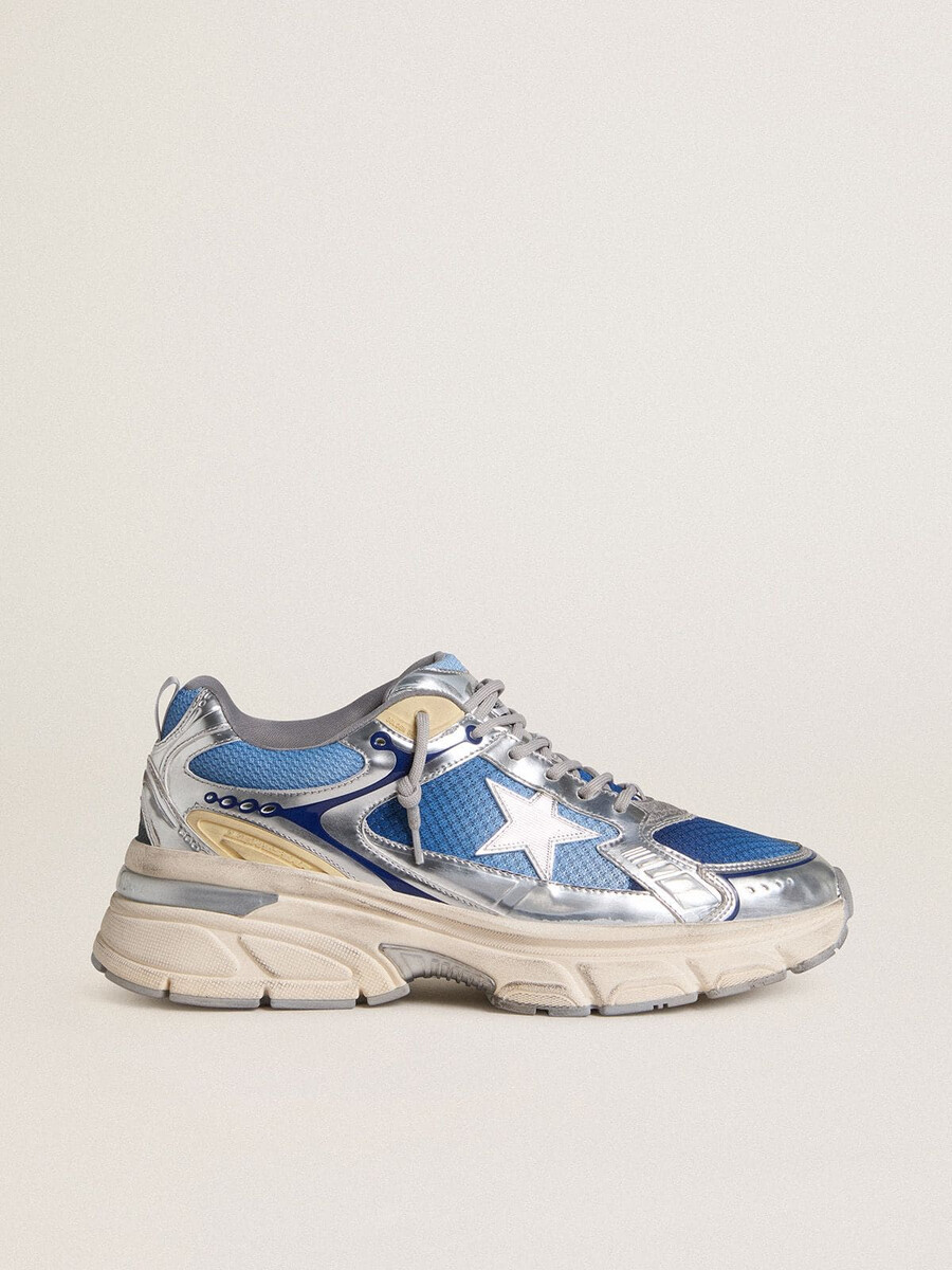 tênis lightstar masculino em malha azul clara com estrela de tpu branca e detalhes prateados de base biológica.